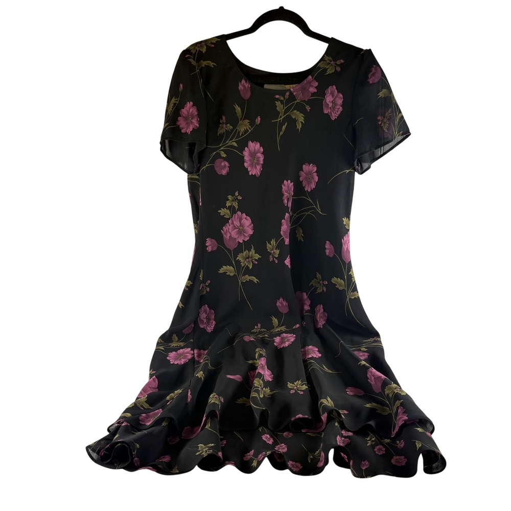 Halmode Petites Vintage Black Purple Floral Midi Dress Short‎ Sleeve 14P 10-4047